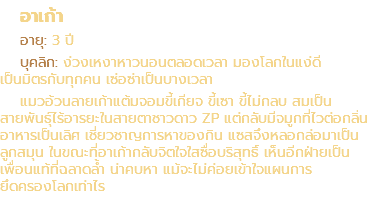 อาเก้า อายุ: 3 ปี บุคลิก: ง่วงเหงาหาวนอนตลอดเวลา มองโลกในแง่ดี เป็นมิตรกับทุกคน เซ่อซ่าเป็นบางเวลา แมวอ้วนลายเก้าแต้มจอมขี้เกียจ ขี้เซา ขี้ไม่กลบ สมเป็น สายพันธุ์ไร้อารยะในสายตาชาวดาว ZP แต่กลับมีจมูกที่ไวต่อกลิ่น อาหารเป็นเลิศ เชี่ยวชาญการหาของกิน แซสจึงหลอกล่อมาเป็น ลูกสมุน ในขณะที่อาเก้ากลับจิตใจใสซื่อบริสุทธิ์ เห็นอีกฝ่ายเป็น เพื่อนแท้ที่ฉลาดล้ำ น่าคบหา แม้จะไม่ค่อยเข้าใจแผนการ ยึดครองโลกเท่าไร