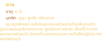 ซาล อายุ: 6 ปี บุคลิก: สุขุม ลุ่มลึก เฉียบขาด แมวศุภลักษณ์ หนึ่งในสองรองหัวหน้าแก๊งเสือสามตัว รูปร่างผอมแต่น่าเกรงขาม พูดน้อยข่วนหนัก เป็นที่ไว้วางใจ ของแคทฟาเธอร์ มีหน้าที่คอยปกครองชาวแก๊งให้อยู่ในโอวาท แคทฟาเธอร์